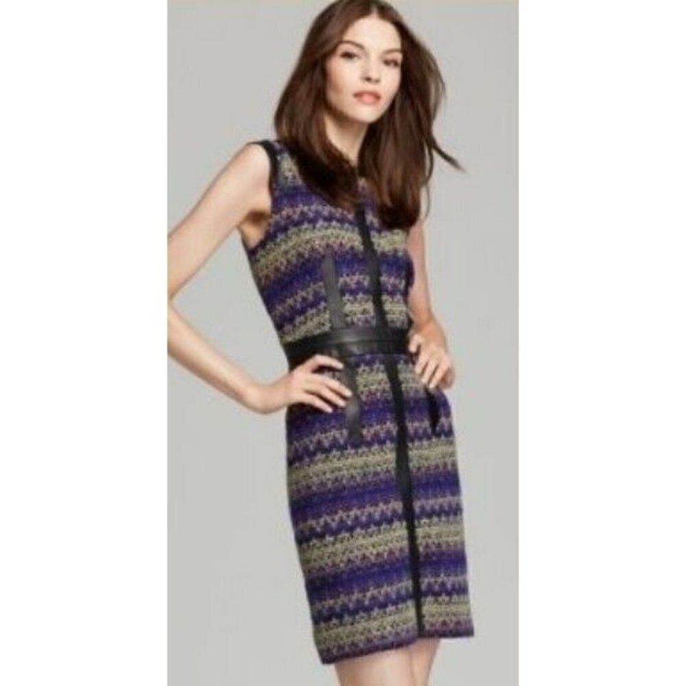 NWOT Milly Wool Chevron Dress Womens 4 Black Purple Lamb Leather Sleeveless